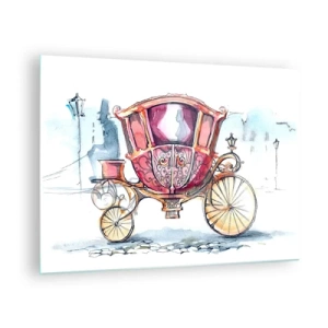 Glastavla - Bild på glas - En elegant vagn i akvarellstil mot en gatubakgrund - 70x50cm - Bröllop eller bal? - Modern väggdekoration för vardagsrum och sovrum ARTTOR
