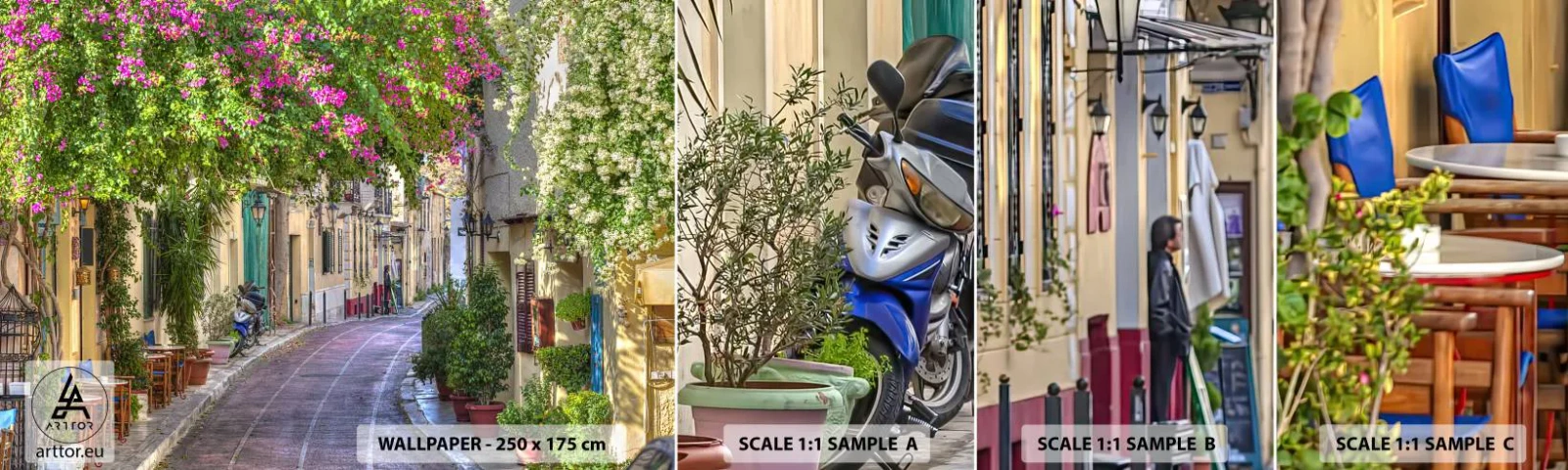Fototapet Prov Standard Eco - Blommande gata - Arkitektur, Grekland, Stad - 100x30 cm