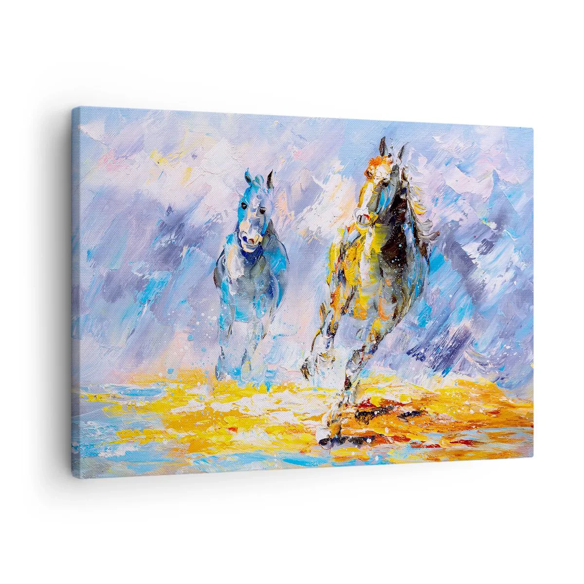 Canvastavla - Bild på duk - Två hästar i rörelse mot bakgrund av ett abstrakt landskap - 70x50cm - Galopp genom skenet - Modern väggdekoration för vardagsrum och sovrum ARTTOR