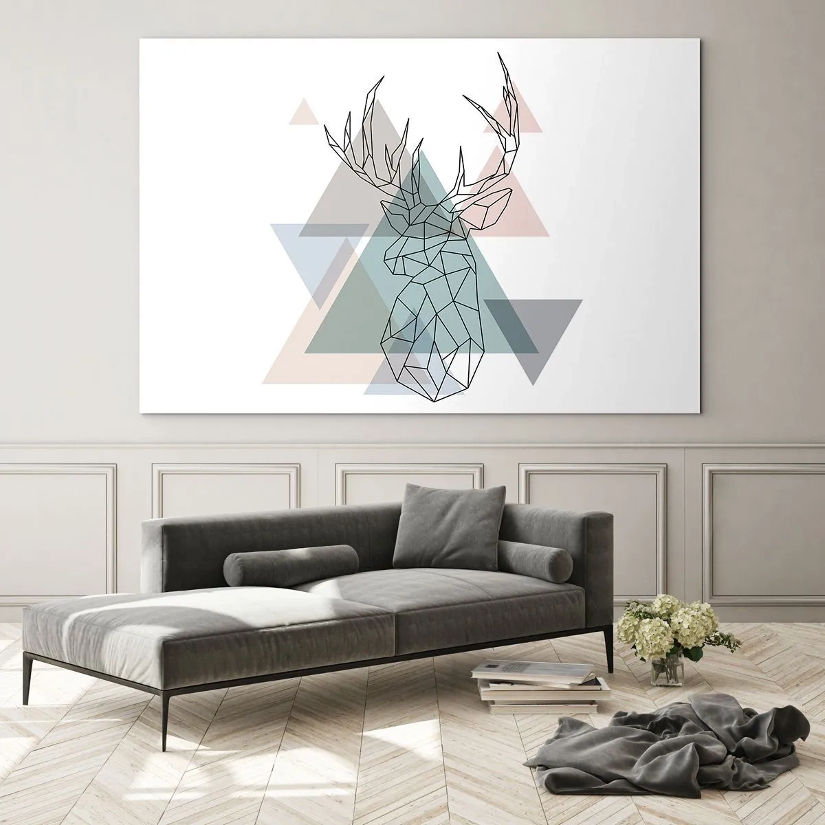 Glastavla - Bild på glas - Geometrisk teckning av en hjort mot en bakgrund av pastellfärgade trianglar - 70x50cm - I en geometrisk skog - Modern väggdekoration för vardagsrum och sovrum ARTTOR