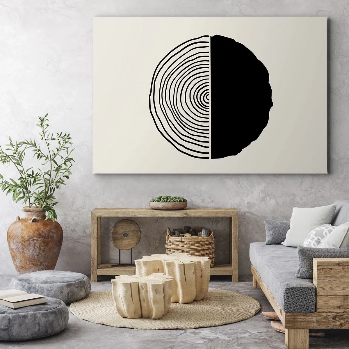 Canvastavla - Bild på duk - Ett abstrakt svartvitt motiv inspirerat av ett tvärsnitt av trä med en geometrisk indelning. - 70x50cm - Hälften hälften - Modern väggdekoration för vardagsrum och sovrum ARTTOR