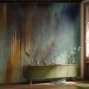 Fototapet Standard Eco - Abstrakt komposition i guld och turkos - 100x70cm - En oavsiktlig färgglad komposition - Modern väggdekoration för vardagsrum och sovrum ARTTOR