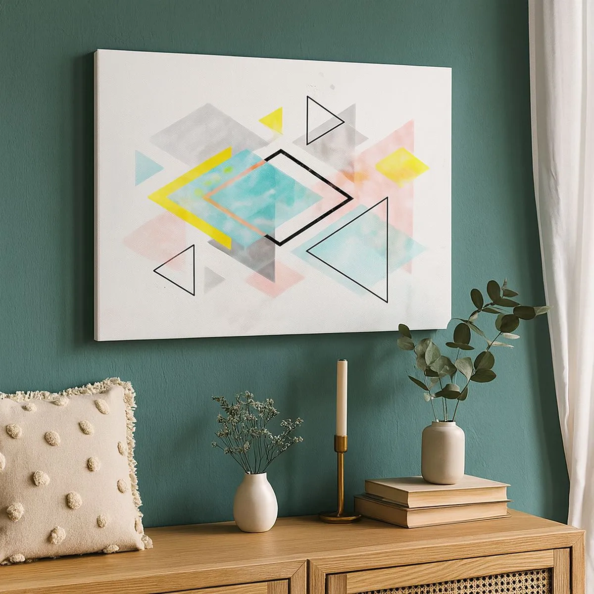 Canvastavla - Bild på duk - Färgglada geometriska mönster på en vit bakgrund - 70x50cm - Geometriskt spel - Modern väggdekoration för vardagsrum och sovrum ARTTOR