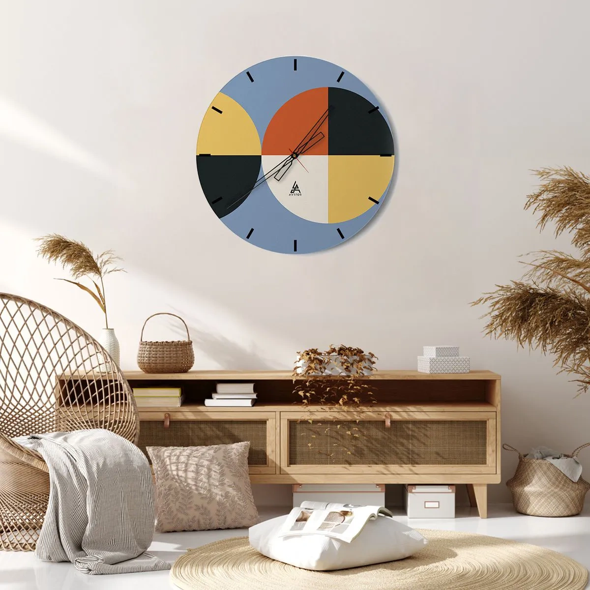 Väggklocka - Klocka på glas - Geometrisk komposition med färgglada halvcirklar och kvadrater - 30x30cm - Titta och räkna - Modern väggdekoration för vardagsrum, kök och sovrum ARTTOR