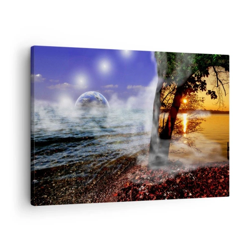 Canvastavla - Bild på duk - Fantastiskt landskap med hav, träd och solnedgång. - 70x50cm - Surrealistiskt landskap - naturens enighet - Modern väggdekoration för vardagsrum och sovrum ARTTOR