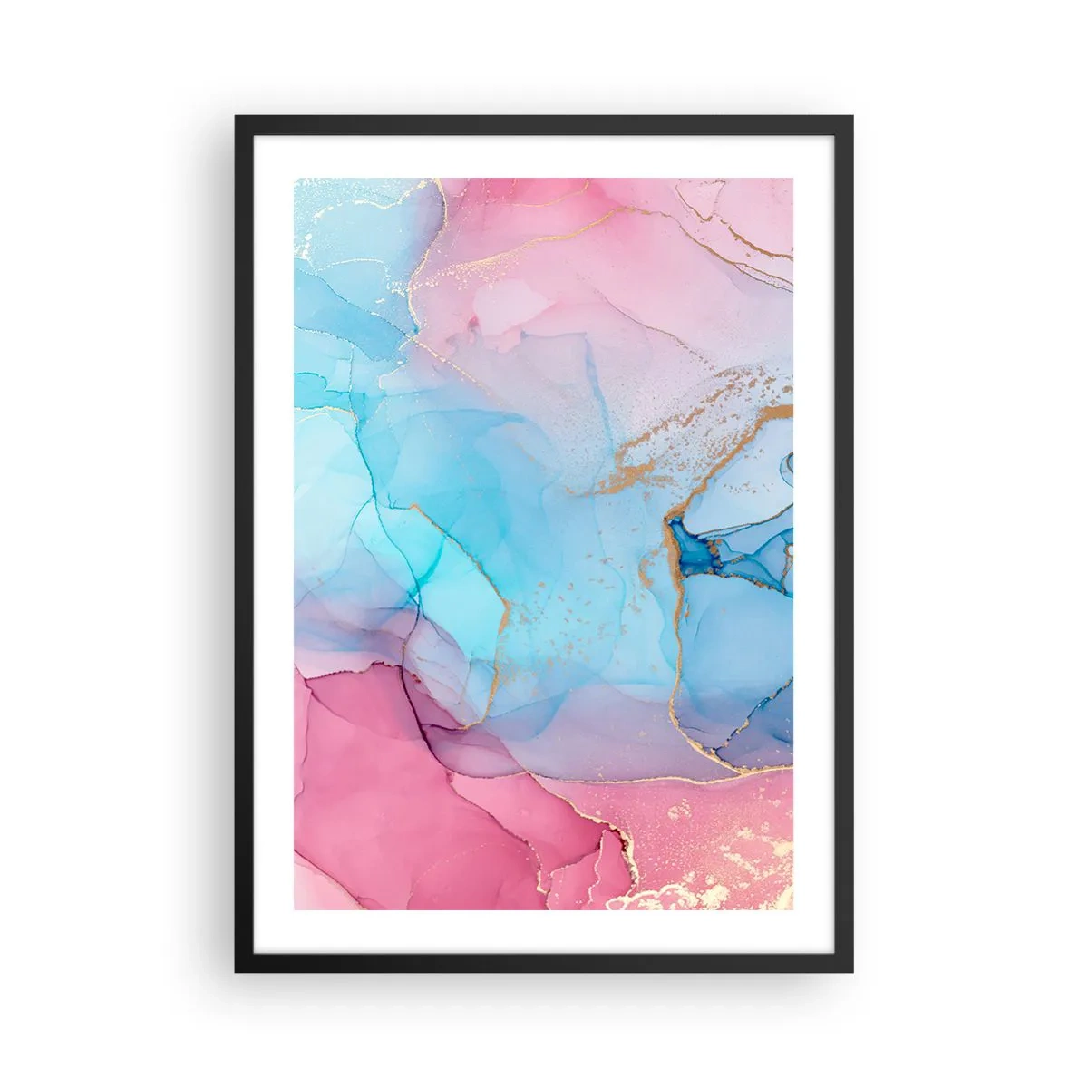 Affisch i svart ram - Abstrakta fläckar i nyanser av rosa, blått och guld - 50x70cm - Möte och infiltration - Modern väggdekoration för vardagsrum och sovrum ARTTOR