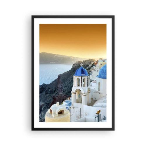 Affisch i svart ram - Santorini med sina vita hus och blå kupoler - 50x70cm - Santorini - inbäddat i berg - Modern väggdekoration för vardagsrum och sovrum ARTTOR