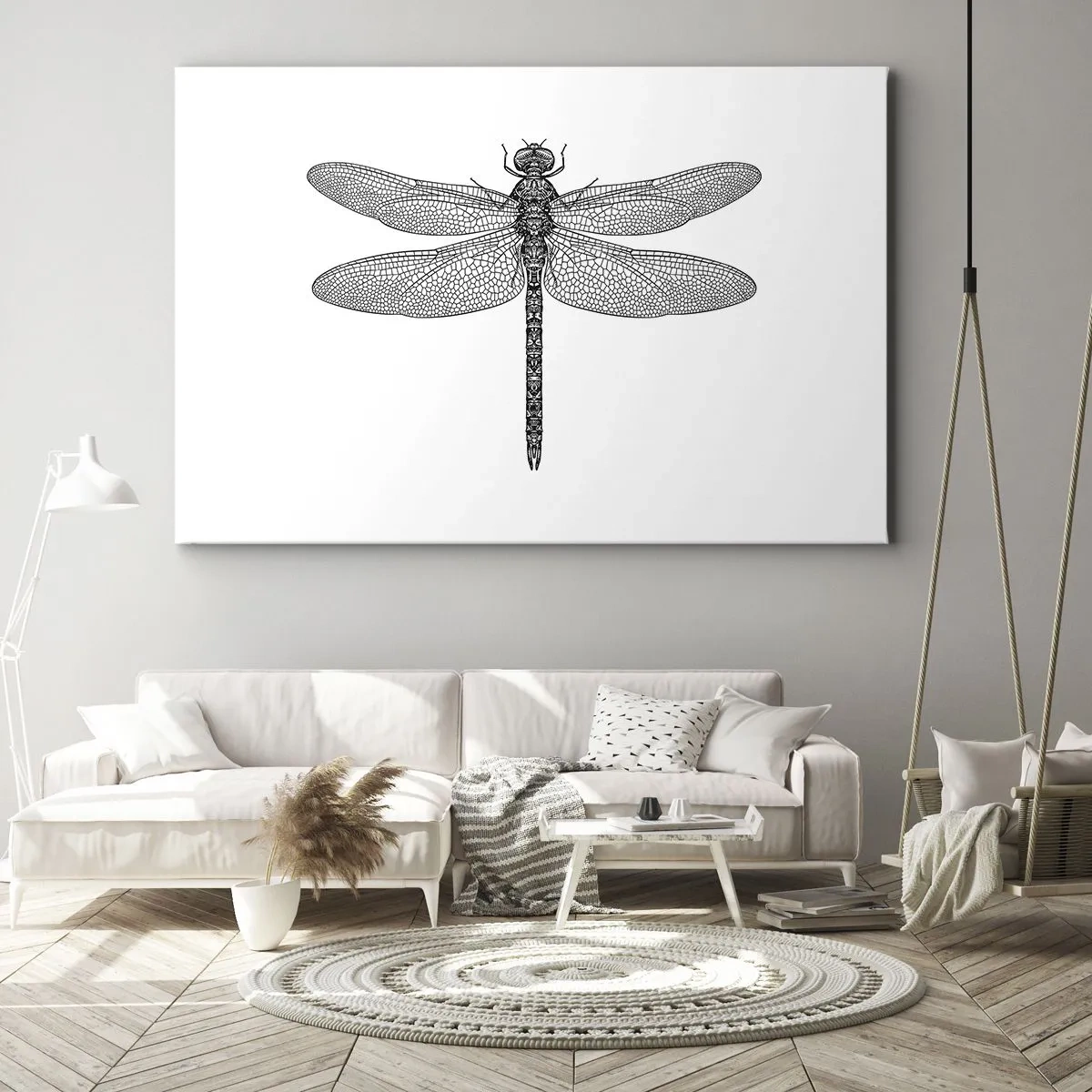 Canvastavla - Bild på duk - Svartvit teckning av en trollslända på vit bakgrund i minimalistisk stil - 70x50cm - Precision i naturen - Modern väggdekoration för vardagsrum och sovrum ARTTOR