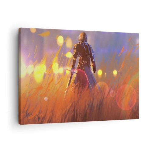 Canvastavla - Bild på duk - Riddarfiguren i ljuset av den nedgående solen på ett fält - 70x50cm - Vandrande riddare - Modern väggdekoration för vardagsrum och sovrum ARTTOR