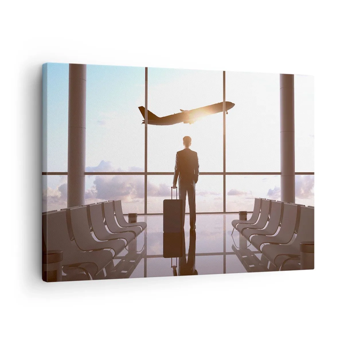 Canvastavla - Bild på duk - Affärsman på flygplatsen med ett flygplan i bakgrunden - 70x50cm - Du har tid, sakta ner - Modern väggdekoration för vardagsrum och sovrum ARTTOR