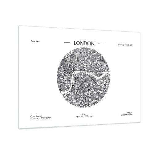 Glastavla - Bild på glas - En detaljerad karta över London i grafisk svartvit stil. - 70x50cm - Londons anatomi - Modern väggdekoration för vardagsrum och sovrum ARTTOR
