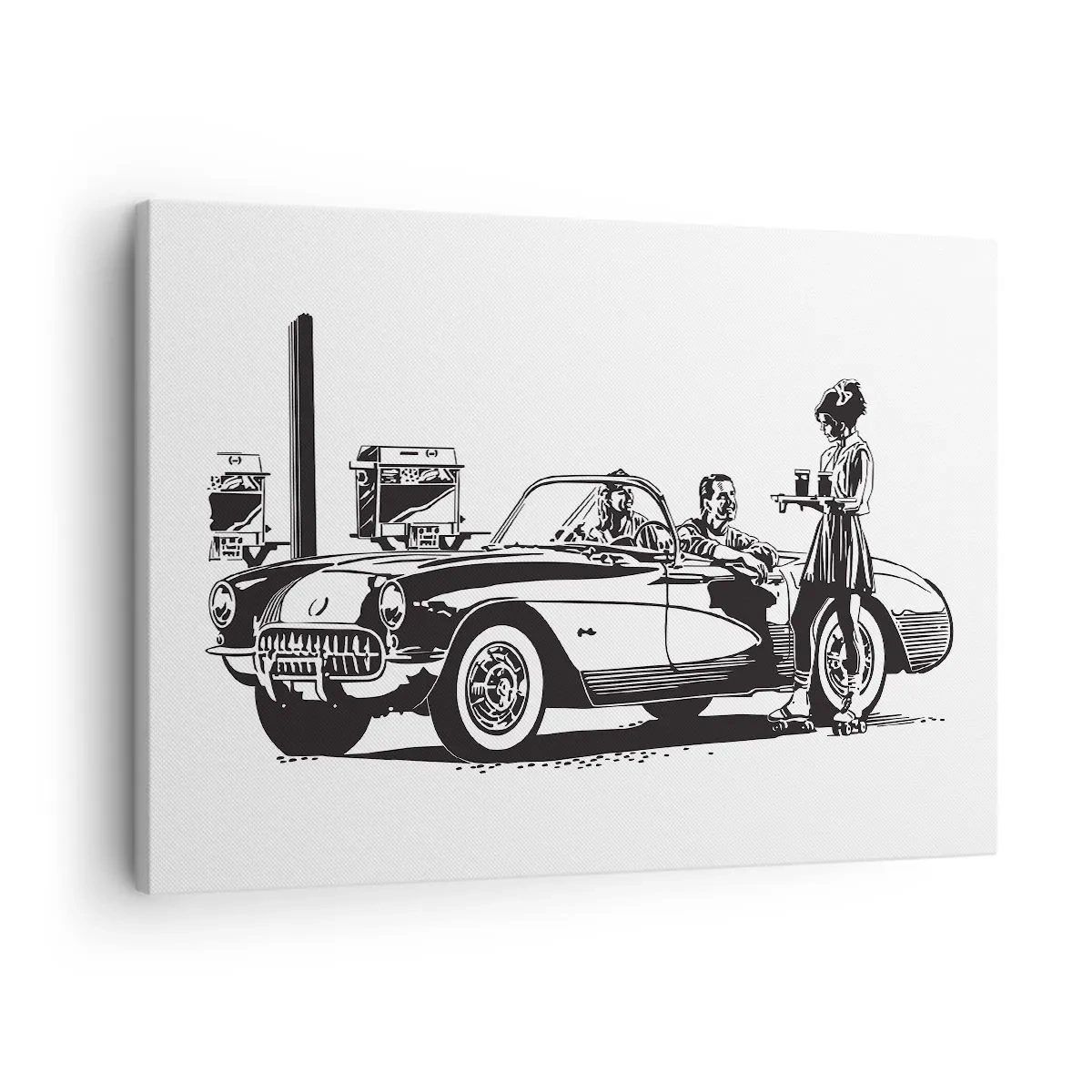 Canvastavla - Bild på duk - En svartvit retroscen med en bil och en servitris på rullskridskor. - 70x50cm - 60. - sorglöst Amerika - Modern väggdekoration för vardagsrum och sovrum ARTTOR