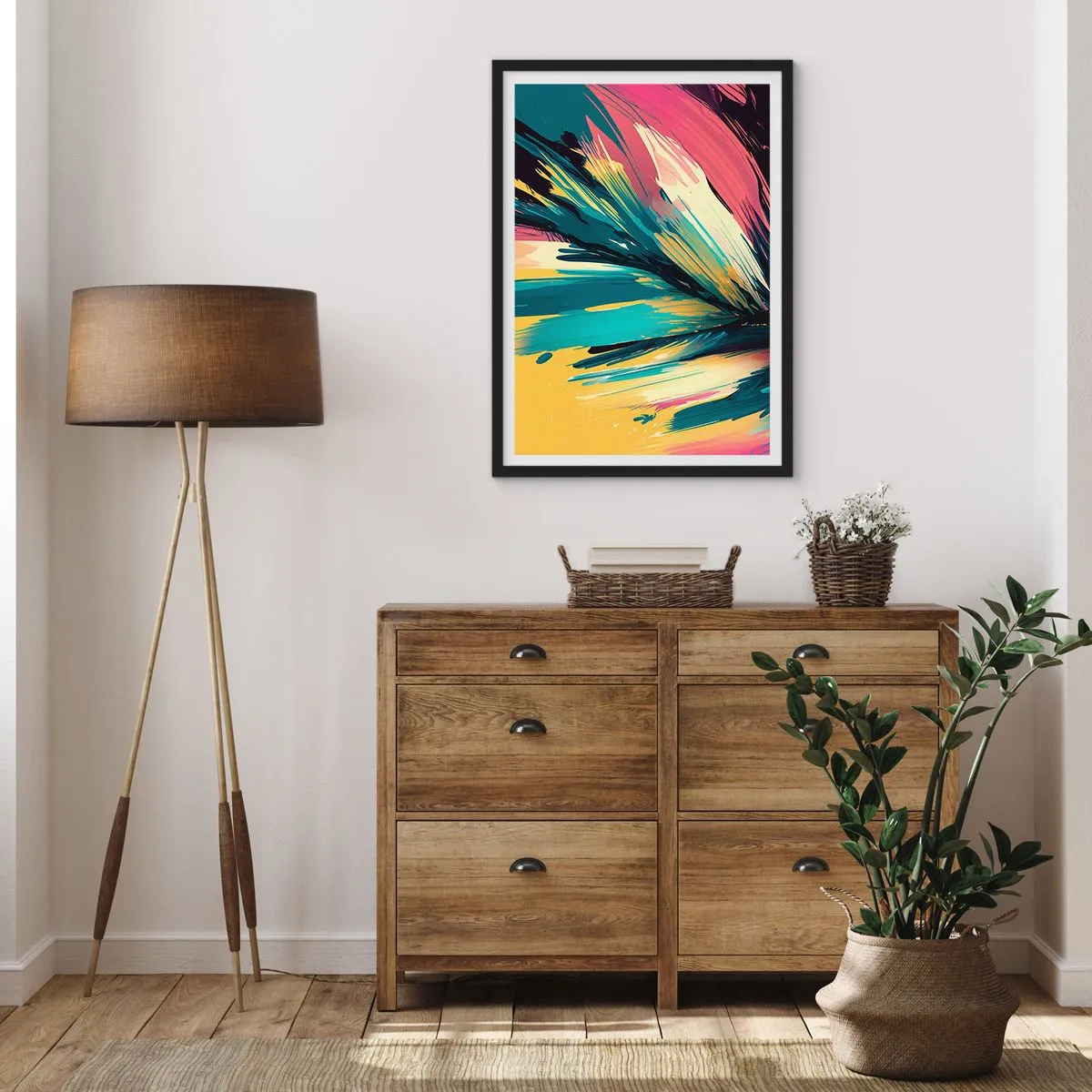 Affisch i svart ram - En abstrakt explosion av färger i ett dynamiskt arrangemang - 50x70cm - Komposition - en explosion av glädje - Modern väggdekoration för vardagsrum och sovrum ARTTOR