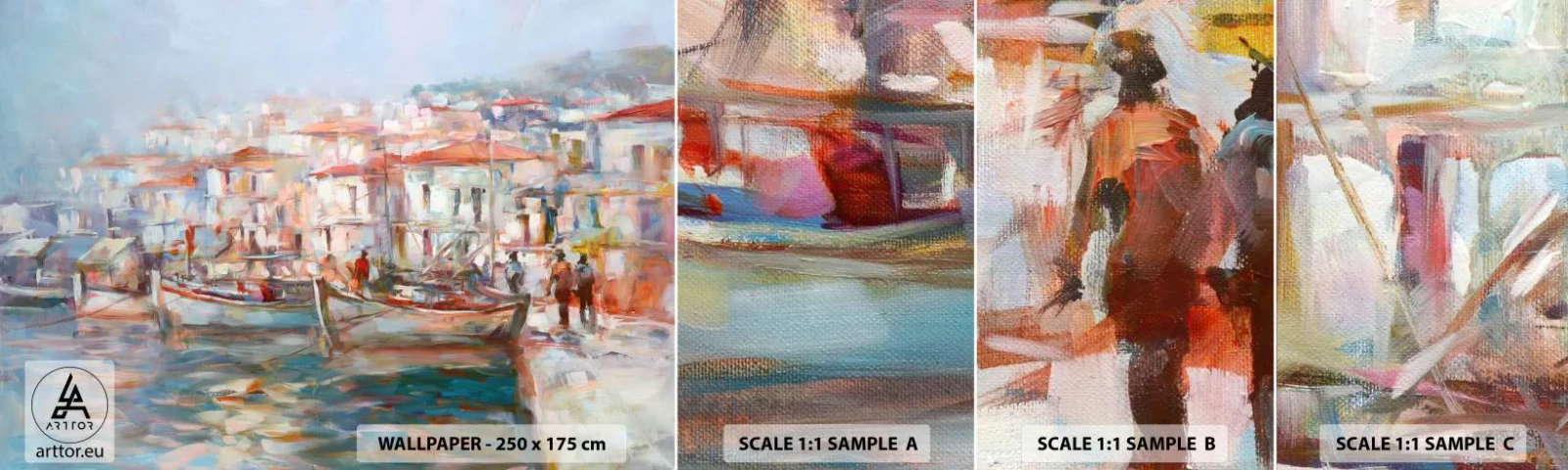 Provbit av självhäftande fototapet Deluxe Sticker - Pastellfärgad semester - Hamnstad, Arkitektur, Fiskebåt - 100x30 cm