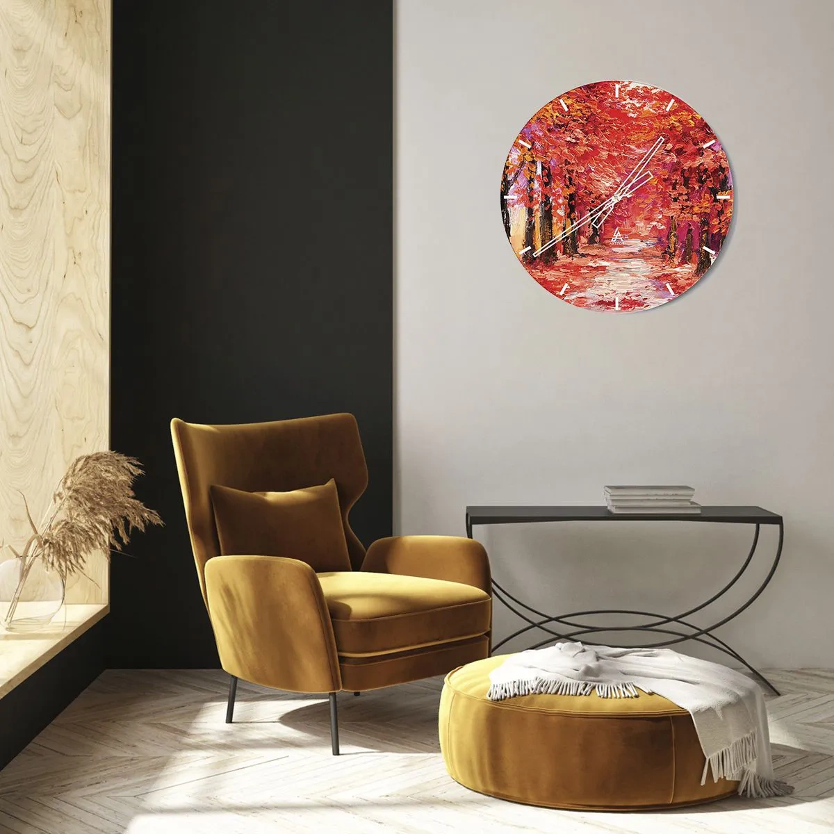 Väggklocka - Klocka på glas - En höstgränd i intensiva röda nyanser - 30x30cm - Höstimpresion - Modern väggdekoration för vardagsrum, kök och sovrum ARTTOR
