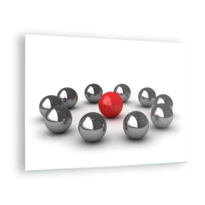 Glastavla - Bild på glas - En röd boll omgiven av silver på en vit bakgrund - 70x50cm - Ring i silver och röd - Modern väggdekoration för vardagsrum och sovrum ARTTOR