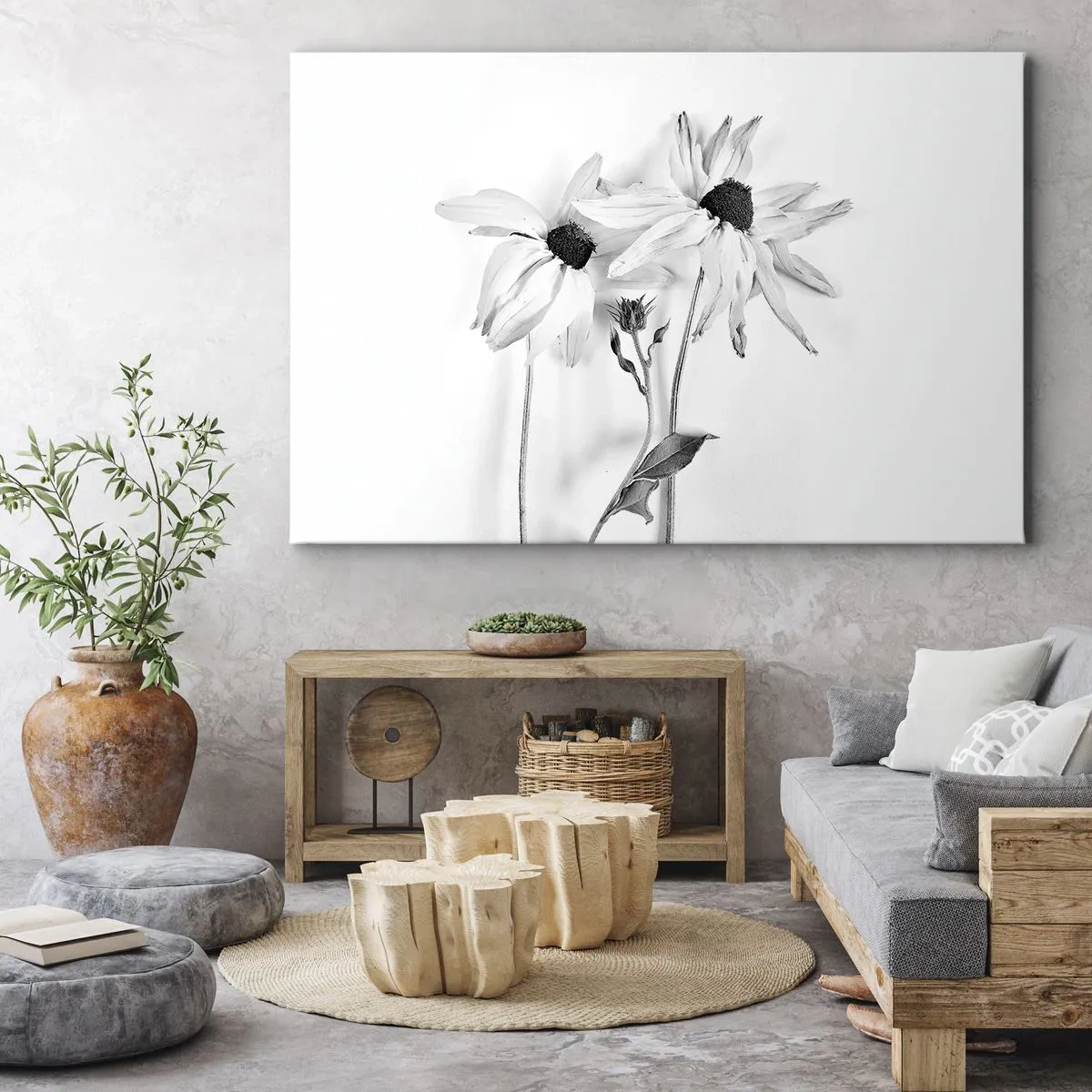 Canvastavla - Bild på duk - Svartvita blommor med en subtil komposition - 70x50cm - Ingen vill vara ensam - Modern väggdekoration för vardagsrum och sovrum ARTTOR