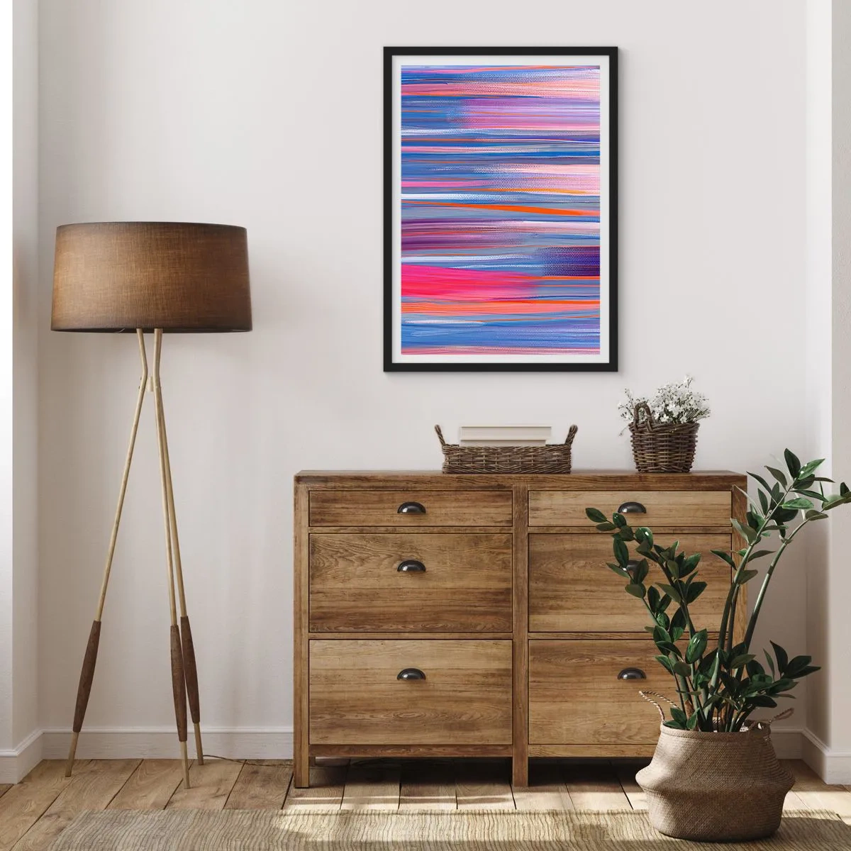 Affisch i svart ram - Abstrakta horisontella linjer i nyanser av blått och rosa - 50x70cm - Uppstigning i regnbåge - Modern väggdekoration för vardagsrum och sovrum ARTTOR