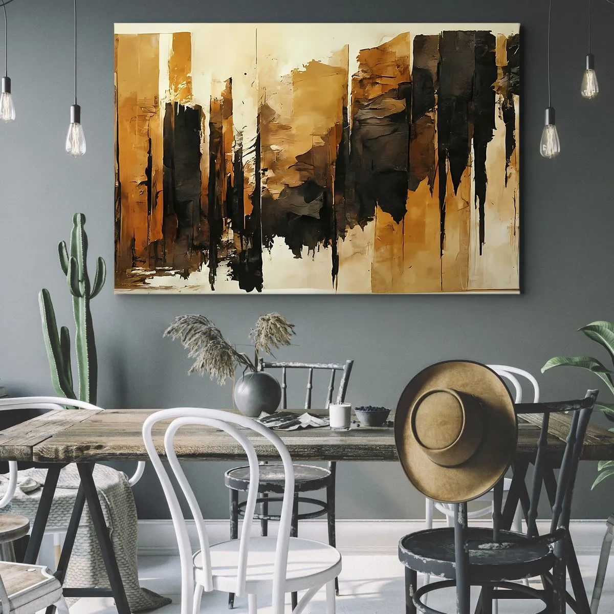 Canvastavla - Bild på duk - Abstrakta guld- och svarta ränder i en konstnärlig komposition - 70x50cm - Harmoni av svart och guld - Modern väggdekoration för vardagsrum och sovrum ARTTOR