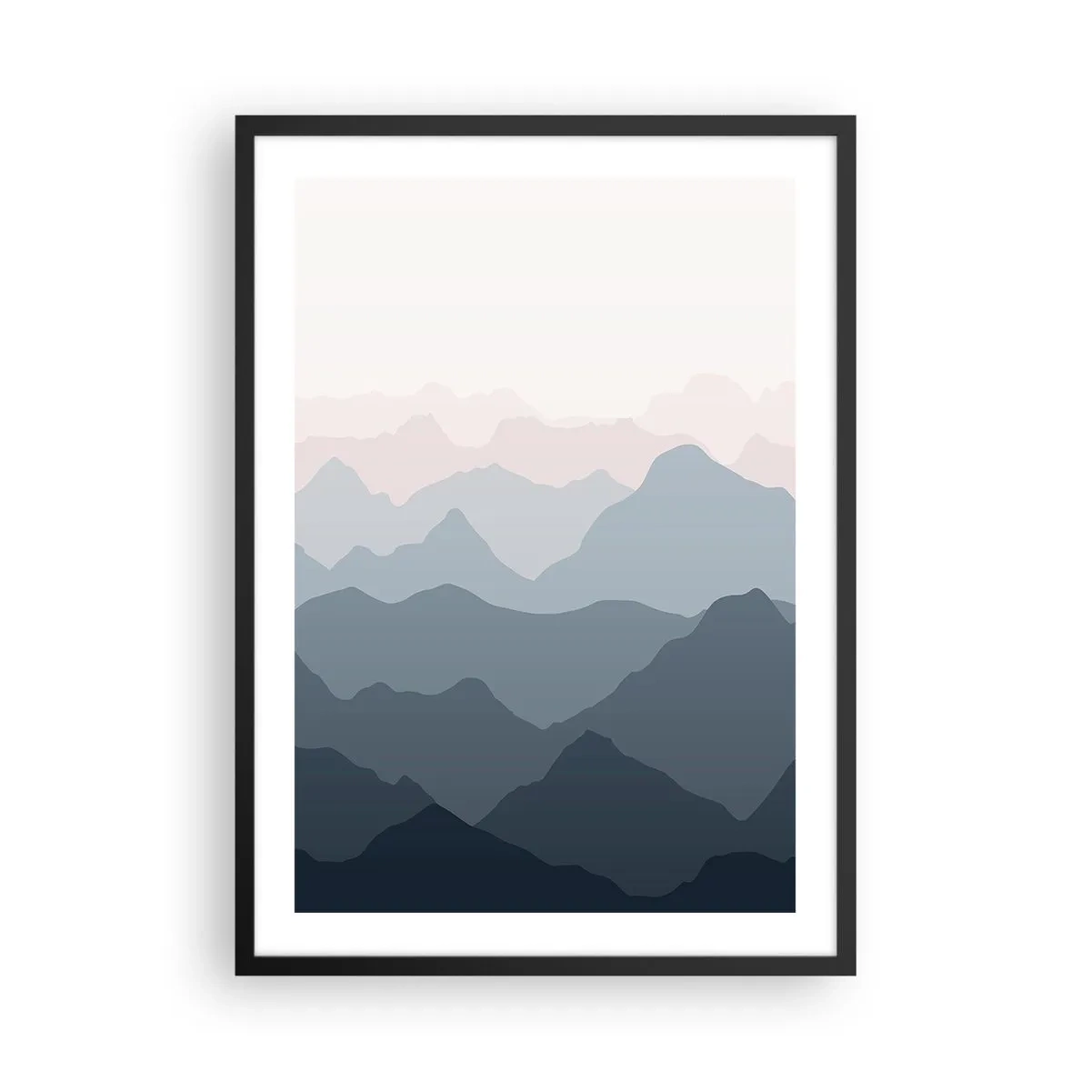 Affisch i svart ram - Skiktade bergskedjor i nyanser av blått och grått - 50x70cm - Fjällens vågor - Modern väggdekoration för vardagsrum och sovrum ARTTOR