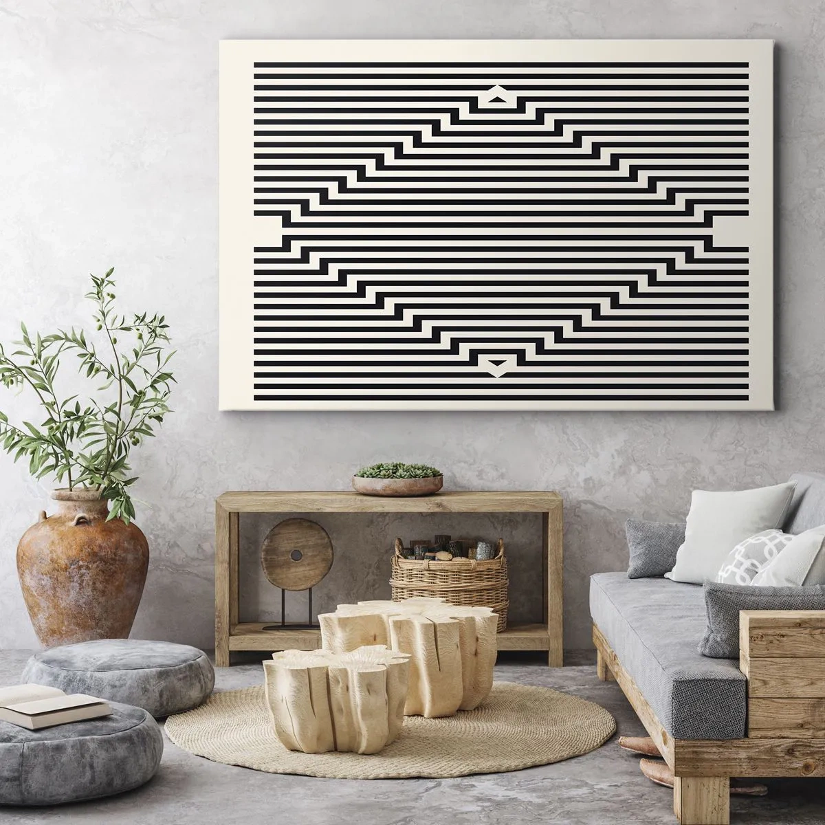 Canvastavla - Bild på duk - Svarta och vita linjer som skapar en geometrisk illusionseffekt - 70x50cm - Geometrisk illusion - Modern väggdekoration för vardagsrum och sovrum ARTTOR