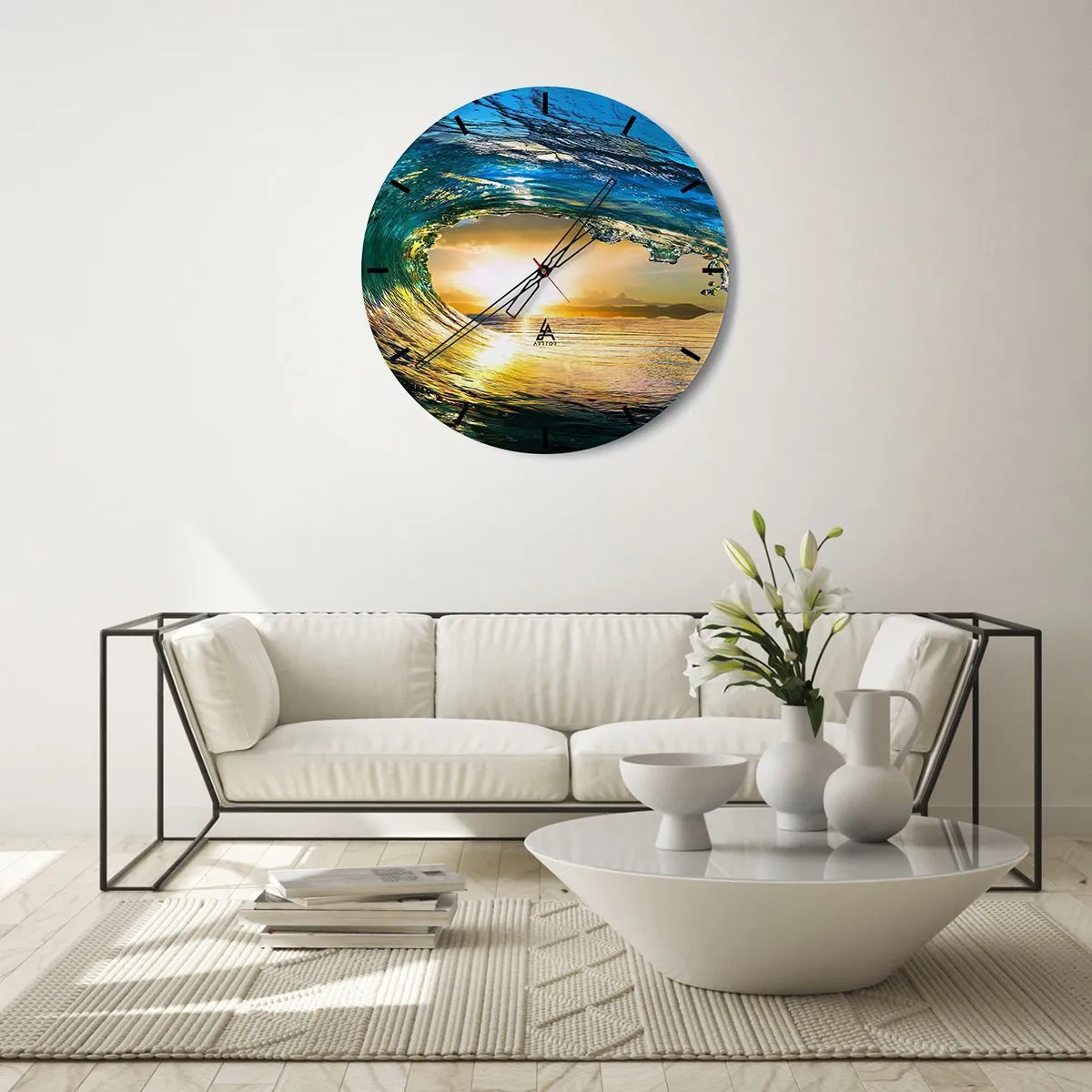 Väggklocka - Klocka på glas - Havsvåg i ljuset av den nedgående solen - 30x30cm - I smaragd-guld kristall - Modern väggdekoration för vardagsrum, kök och sovrum ARTTOR