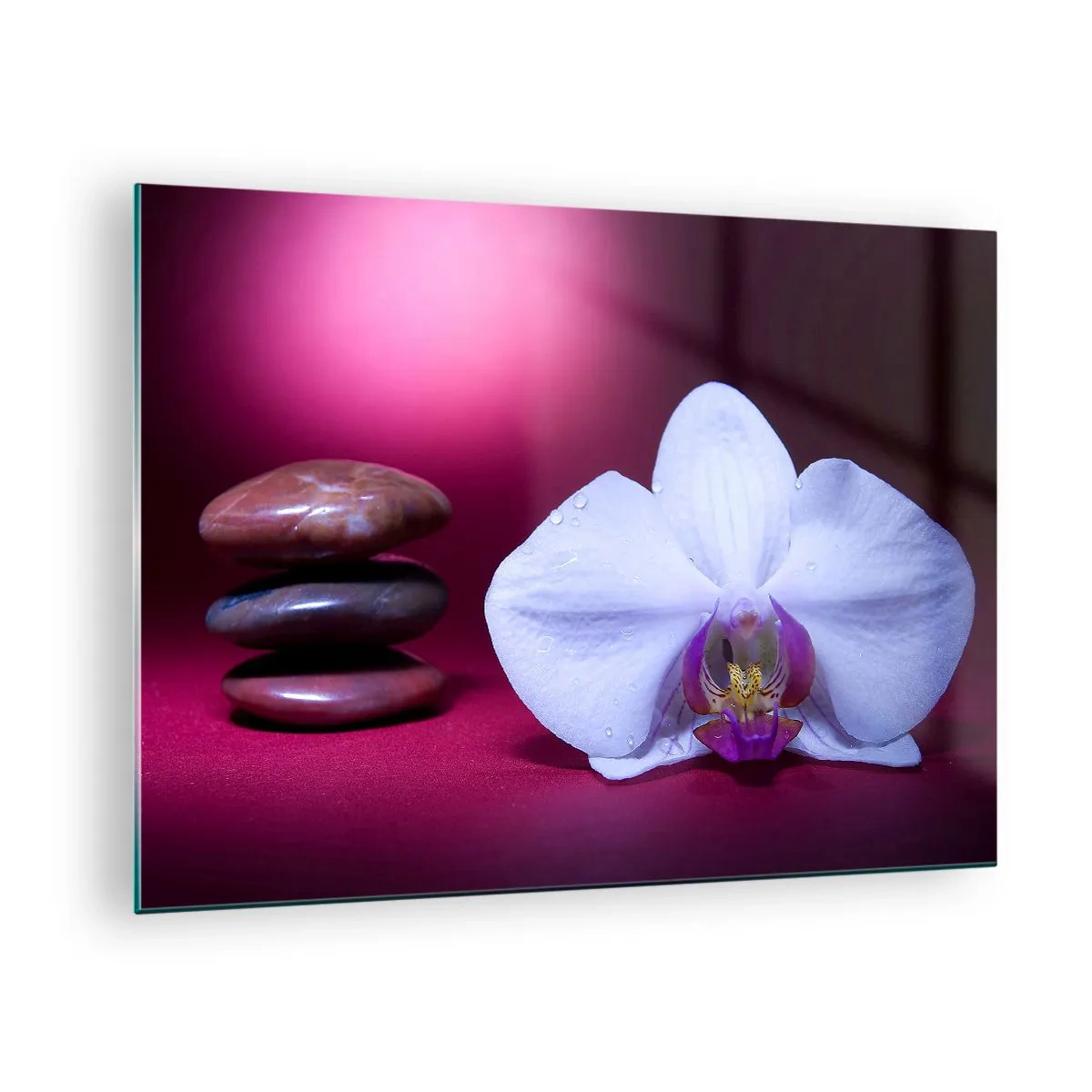 Glastavla - Bild på glas - Vit orkidé och stenar mot en bakgrund av lila ljus - 70x50cm - En fräschhetsstudie i violett - Modern väggdekoration för vardagsrum och sovrum ARTTOR