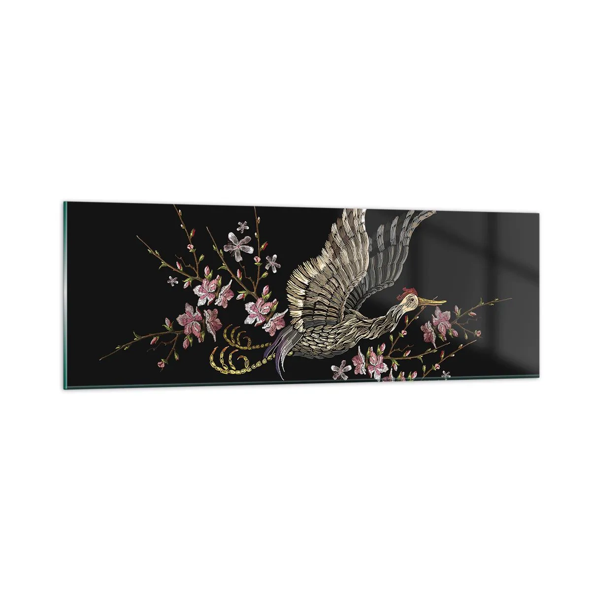 Glastavla - Bild på glas - Exotisk, broderad fågel - 90x30 cm