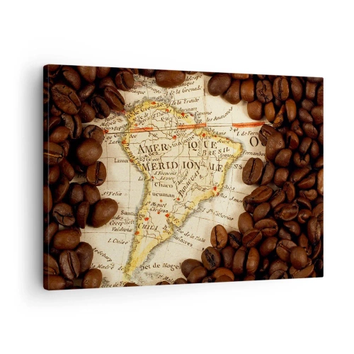 Canvastavla - Bild på duk - En karta över Sydamerika omgiven av kaffebönor. - 70x50cm - Varifrån kommer det bästa kaffet? - Modern väggdekoration för vardagsrum och sovrum ARTTOR