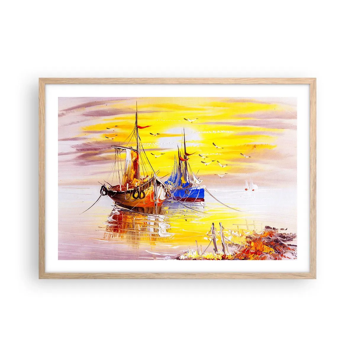 Affisch i ram av ljusek - Välförtjänt vila i hamnen - 70x50 cm