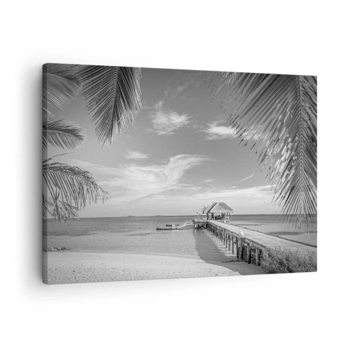 Canvastavla - Bild på duk - Svartvit strand med pir och palmer på en tropisk kust - 70x50cm - Minne eller dröm? - Modern väggdekoration för vardagsrum och sovrum ARTTOR