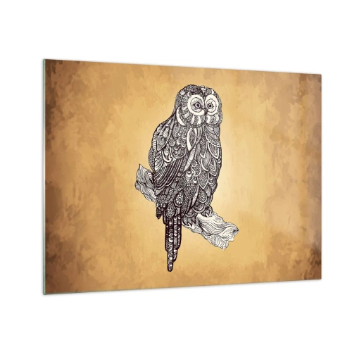 Glastavla - Bild på glas - Dekorativ uggla på en sepiabakgrund - 70x50cm - Invecklade ornament av visdom - Modern väggdekoration för vardagsrum och sovrum ARTTOR