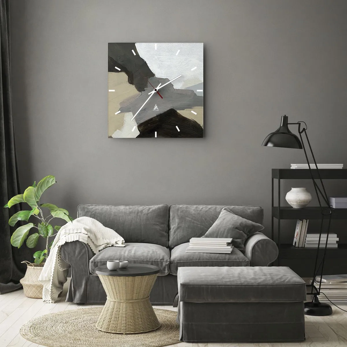 Väggklocka - Klocka på glas - Abstraktion: avgrening av det gråa - 40x40 cm