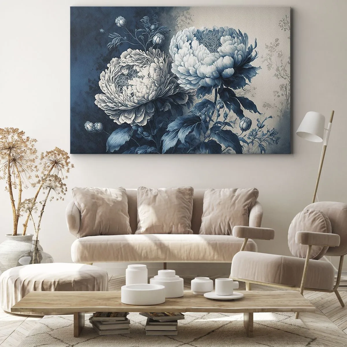 Canvastavla - Bild på duk - Blå pioner på en diskret bakgrund med ett delikat mönster - 70x50cm - Ett väl matchat par - Modern väggdekoration för vardagsrum och sovrum ARTTOR