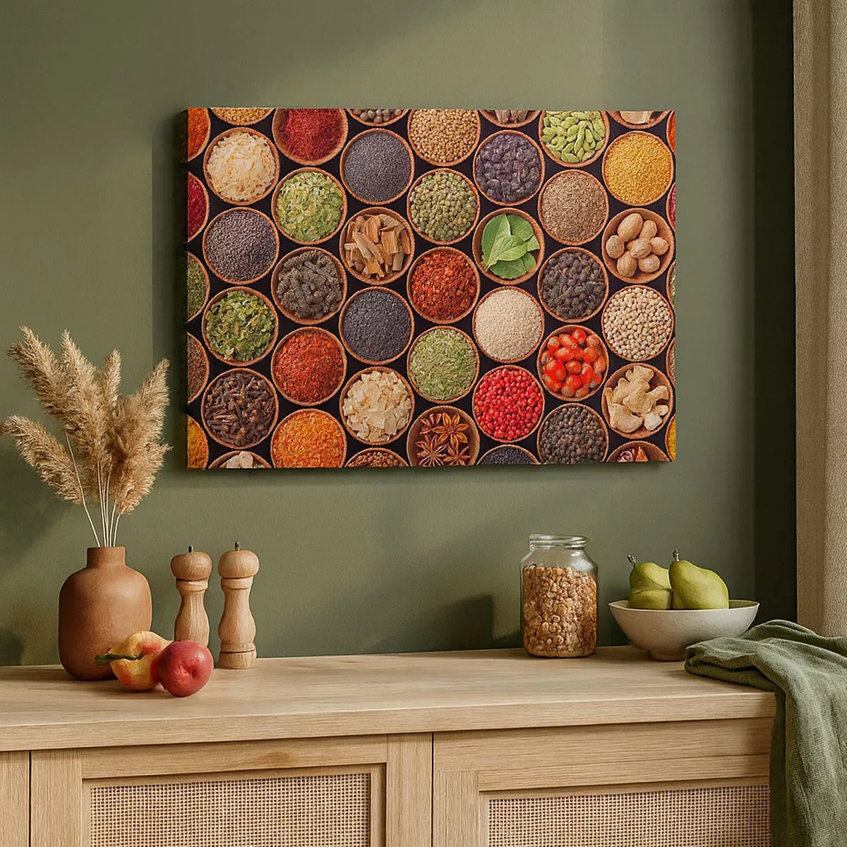 Canvastavla - Bild på duk - Färgglada kryddor i runda behållare - 70x50cm - Världens alla smaker - Modern väggdekoration för vardagsrum och sovrum ARTTOR