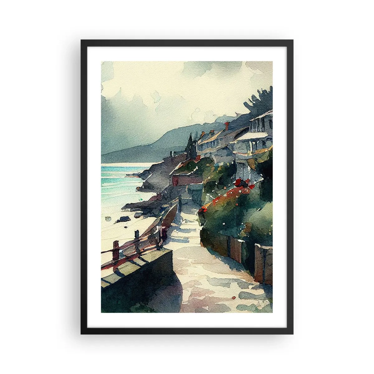 Affisch i svart ram - En pittoresk strandstig i akvarellstil - 50x70cm - Medelhavsstad - Modern väggdekoration för vardagsrum och sovrum ARTTOR