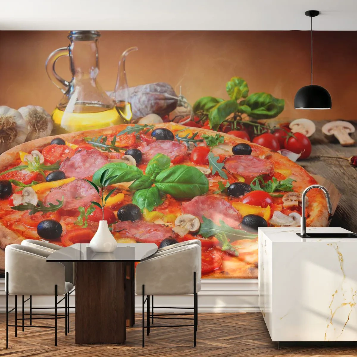 Självhäftande Fototapet Deluxe Sticker - Med riktig italiensk smak - Gastronomi, Pizza, Italien - 250x175 cm