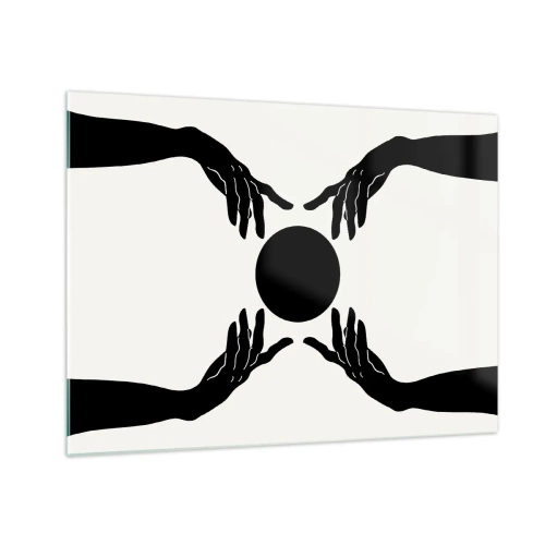 Glastavla - Bild på glas - Svarta händer runt en svart cirkel mot en ljus bakgrund - 70x50cm - Ett hemligt tecken - Modern väggdekoration för vardagsrum och sovrum ARTTOR