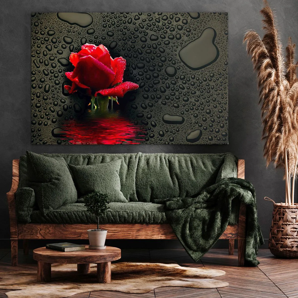 Canvastavla - Bild på duk - Röd ros med vattendroppar på en mörk bakgrund - 70x50cm - Röd och svart - Modern väggdekoration för vardagsrum och sovrum ARTTOR
