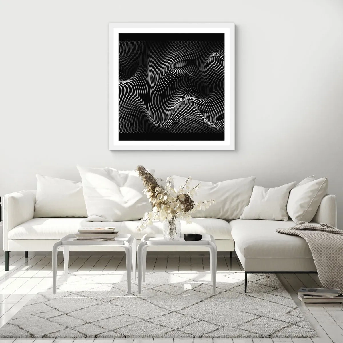 Affisch i vit ram - Ljusets dans i rymden - 40x40 cm