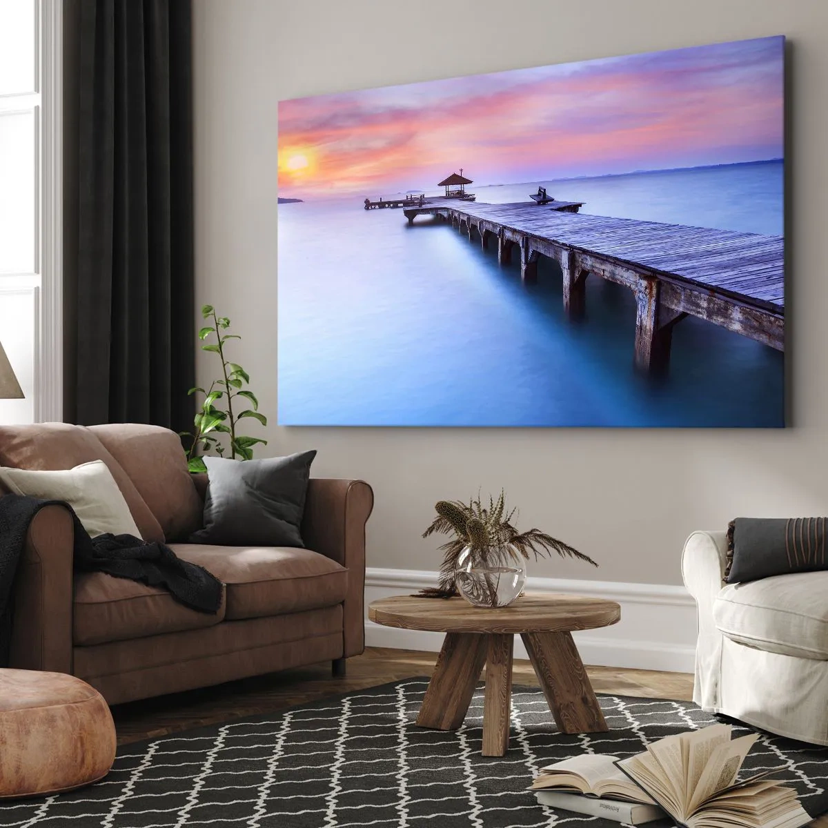Canvastavla - Bild på duk - Träpir som leder ut mot vattnet under solnedgången - 70x50cm - Lugnets hav ända fram till horisonten - Modern väggdekoration för vardagsrum och sovrum ARTTOR