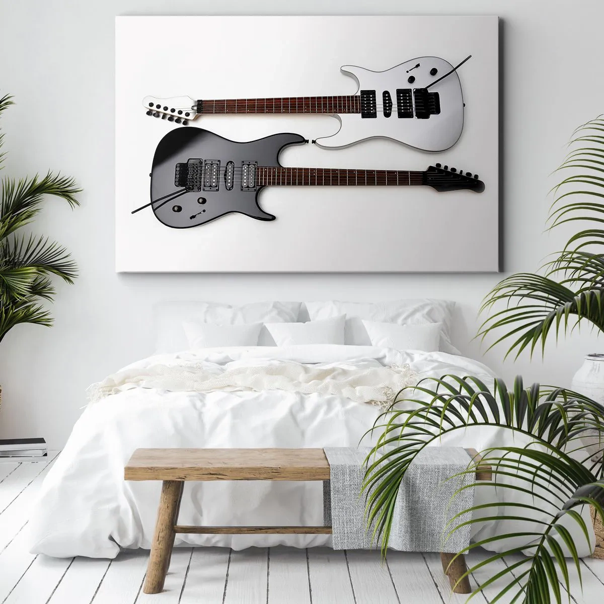 Canvastavla - Bild på duk - Två elgitarrer i svartvitt mot en ljus bakgrund. - 70x50cm - Formens harmoni - Modern väggdekoration för vardagsrum och sovrum ARTTOR