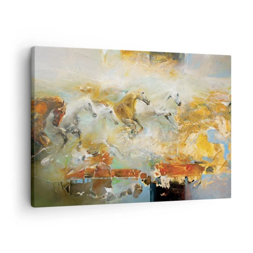 Canvastavla - Bild på duk - Konstnärliga hästar i en dynamisk och färgstark miljö - 70x50cm - Galopp genom ljuset - Modern väggdekoration för vardagsrum och sovrum ARTTOR