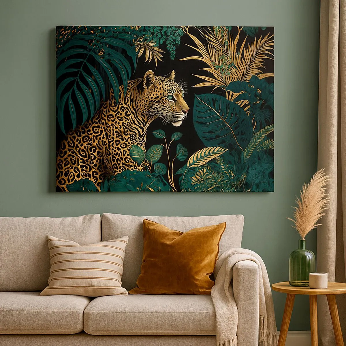 Canvastavla - Bild på duk - Leopard i tropiska löv på svart bakgrund - 70x50cm - Värden i djungeln - Modern väggdekoration för vardagsrum och sovrum ARTTOR