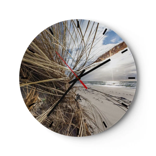 Väggklocka - Klocka på glas - Strandlandskap med utsikt över havet genom gräset - 30x30cm - Elementens möte - Modern väggdekoration för vardagsrum, kök och sovrum ARTTOR