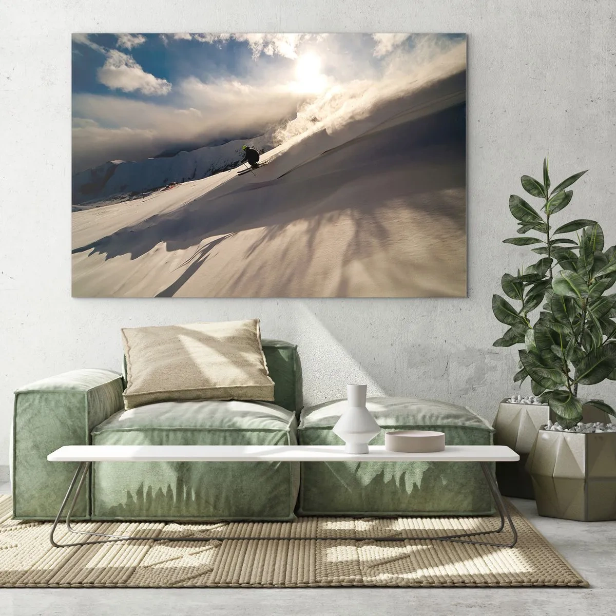 Glastavla - Bild på glas - En skidåkare glider nerför en backe i vintersolens ljus - 70x50cm - Fjällutmaningen accepterad - Modern väggdekoration för vardagsrum och sovrum ARTTOR