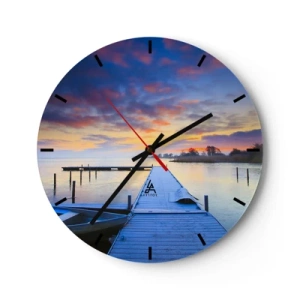 Väggklocka - Klocka på glas - Sjöpiren vid soluppgången - 30x30cm - Violet-guld ro - Modern väggdekoration för vardagsrum, kök och sovrum ARTTOR