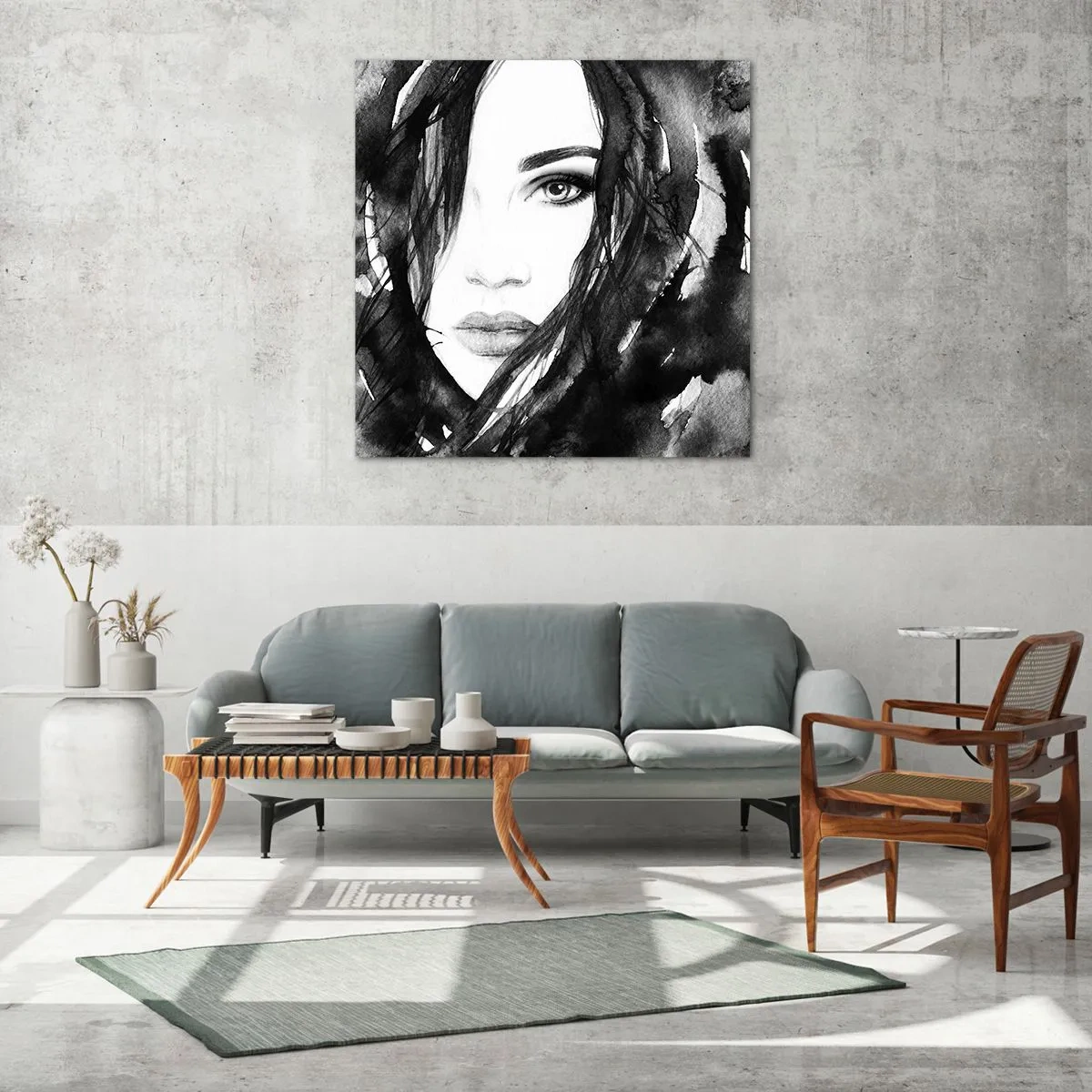 Glastavla - Bild på glas - En damportätt i svart och vit - 70x70 cm