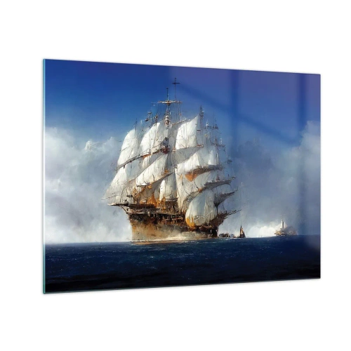 Glastavla - Bild på glas - Ett segelfartyg på öppet hav mitt i havsdimma - 70x50cm - The great glory! - Modern väggdekoration för vardagsrum och sovrum ARTTOR