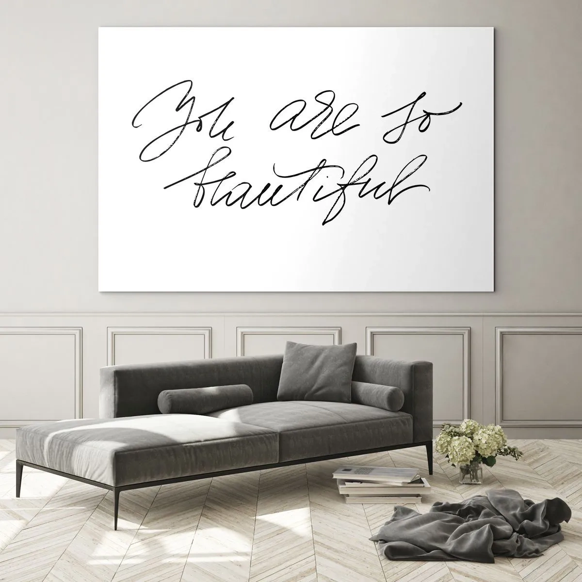Glastavla - Bild på glas - Du är så vacker-citat i elegant, kalligrafisk stil - 70x50cm - Verkligen, tro mig... - Modern väggdekoration för vardagsrum och sovrum ARTTOR